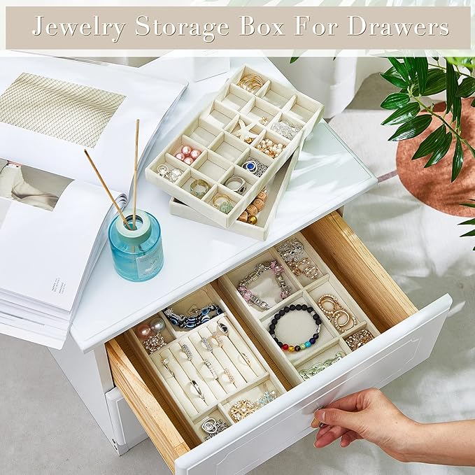 Junkin 18 Pcs Velvet Jewelry Tray Stackable Jewelry Drawer Organizer Jewellery Box Divided Display Tray for Earring Bangle(Beige)