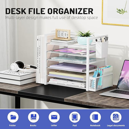 Simple Trending 6 Tier Desk File Organizer, Paper Letter Tray Organizer with File Holder and Pen Container, White
