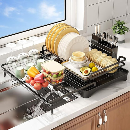 PureBox extendable Dish Drying Rack for Kitchen Counter,escurridor de platos,Metal Dish Strainer with Utensil Holder and Drainer (Black)