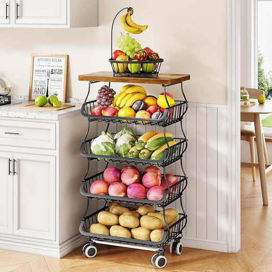 SAYZH Fruit Basket Kitchen Pantry Organizers and Storage - Wooden Top Table, Stackable Metal Wire Basket Stand Cart for Fruit Vegetable Snacks Onion Potato Organization, Black