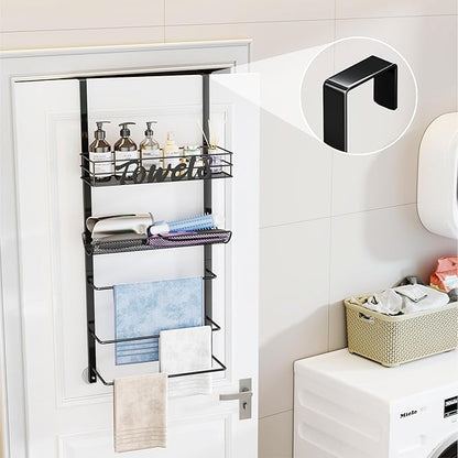 SWTYMIKI Over The Door Towel Racks for Bathroom - 5-Tier Wall Mounted Bathroom Towel Storage Organizer Holder with Metal Shelf, Black