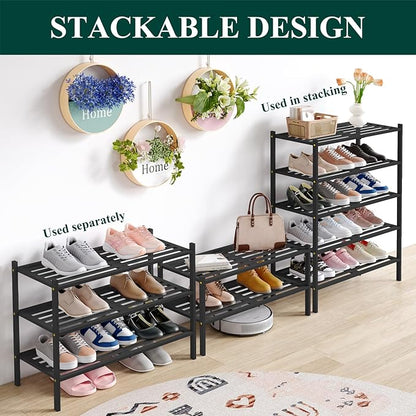 Smiry Bamboo Shoe Rack 5-Tier, Stackable Wooden Shoe Organizer for Entryway & Closet, Free Standing Wood Shoe Storage Shelf for Front Door & Small Spaces, Black