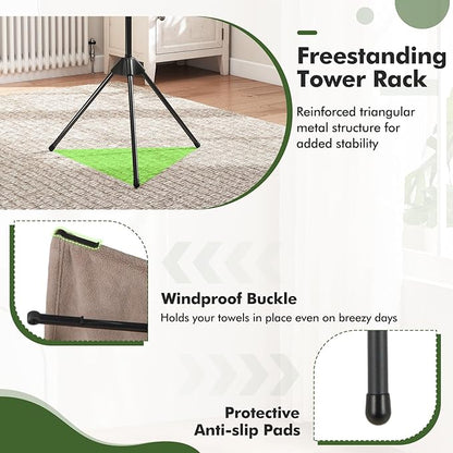 Tangkula 3-Tier Portable and Foldable Drying Rack, 70"H Freestanding Towel Rack with 32 Rods, 24 Clips, Detachable Top Hanger, 360° Rotatable Tripod Laundry Stand for Indoor, Poolside, RV Trip (Black)