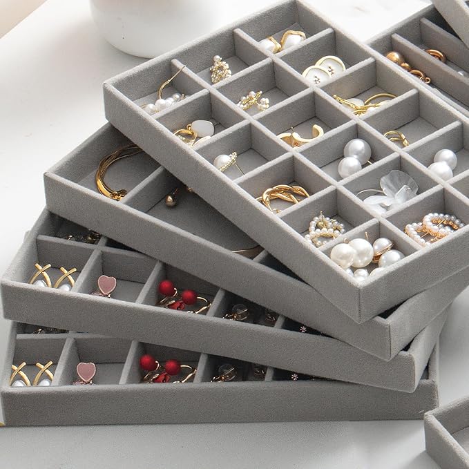 SPAKOWN Jewelry Organizer for Drawer Set of 9, Velvet Jewelry Tray Stackable Jewelry Organizer Display Trays Divided Earring Storage Containers (Grey)