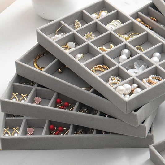 SPAKOWN Jewelry Organizer for Drawer Set of 9, Velvet Jewelry Tray Stackable Jewelry Organizer Display Trays Divided Earring Storage Containers (Grey)