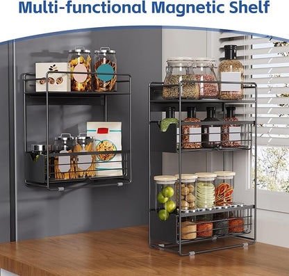 3 Tier Magnetic Shelves for Washing Machine with Pull Out Metal Drawer,Magnetic Spice Rack for Fridge,Magnetic Rack with no Installation, Versatile Storage Organizers for Home (Black, 3 Tier)