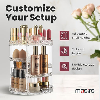 360 Rotating Makeup Organizer Diamond Design - Adjustable Shelf Height and Fully Rotatable - The Perfect Round Spinning Cosmetic Organizer for Bedroom Dresser or Vanity Countertop Storage (Clear)