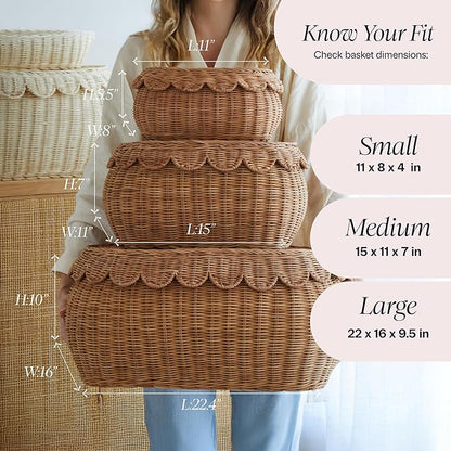 BEBE BASK Large Scalloped Basket Set Of 3 - Hand-Woven & Award-Winning Scallop Basket - XL - Extra Large for Blankets 22 x 16 x 10 In - Elegant Wicker With Scalloped Edge Lid (Mocca)