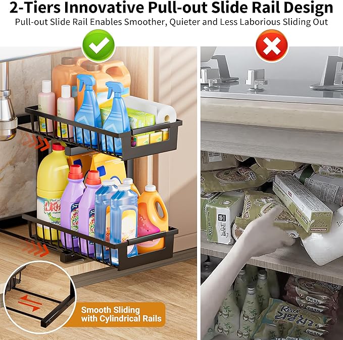 Under Sink Organizer 2 Pack, 2 Tier Adjustable Height Reinforced Carbon Steel Under Kitchen Bathroom Sink Storage Organizer, Smooth Pull-out Under Sink Cabinet Rack Drawer Organizer, Black