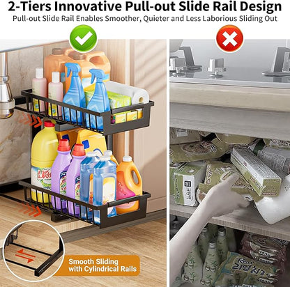 Under Sink Organizer 2 Pack, 2 Tier Adjustable Height Reinforced Carbon Steel Under Kitchen Bathroom Sink Storage Organizer, Smooth Pull-out Under Sink Cabinet Rack Drawer Organizer, Black