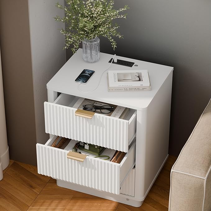 BONITURE Led Fluted Nightstand, Smart Curved Night Stand with Charging Station Lighting, Wood End Table with 3 Drawers, Modern Side Table Storage Cabinet for Bedroom Office,(1, White)