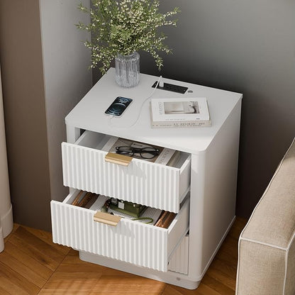 BONITURE Led Fluted Nightstand, Smart Curved Night Stand with Charging Station Lighting, Wood End Table with 3 Drawers, Modern Side Table Storage Cabinet for Bedroom Office,(1, White)