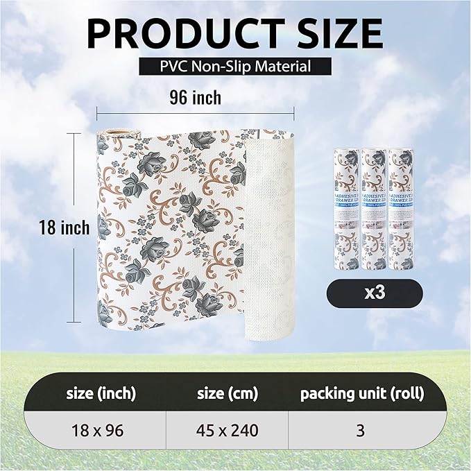 FIFTY FEET 18X96 Inch Shelf Liner for Kitchen Cabinets, PVC Drawer Liner for Dresser Non-Slip Bathroom, Non-Adhesive Cabinet Liner Washable (Black Floral)(3 Roll)