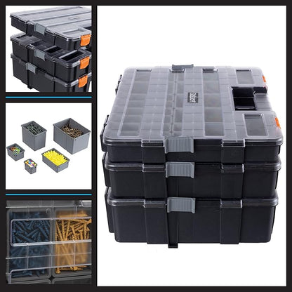 Tool Box Organizer - 3-in-1 Portable Parts Organizer with 52 Customizable Compartments to Store Hardware, Craft Supplies, or Beads by Stalwart (Gray)