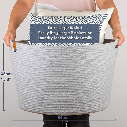 DENJA & CO Extra Large Woven Basket for Storage | Organize Pillows, Toys, and Laundry | Cotton Rope Storage Basket for Blankets, Towels and Nursery Storage | Light Gray (21 inches x 13.8 inches)