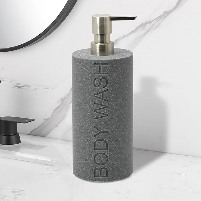 Indecor Home Resin Neutral Gray Sandstone Body Wash Engraved Bottle Refillable Pump Dispenser, Durable Waterproof Resin Construction for Bath, Shower - Gray Sandstone Satin Nickel Pump