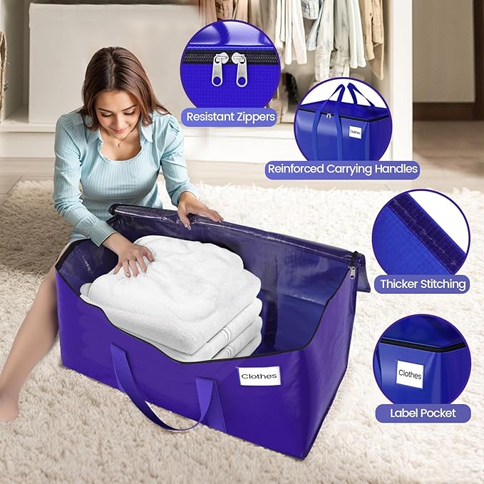 FabSpace 10Pack Moving Storage Bags, Moving Supplies Packing Boxes for Moving, Camping, College Dorm Room Essentials for Girls, Blue Tote Bags, 93L Heavy-Duty Storage Bins With Lids And Zippers
