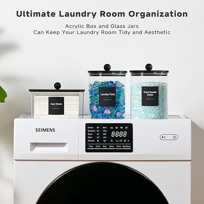 Glass Laundry Pods Container & Acrylic Dryer Sheet Holder with Balck Bamboo Knobs Lids, Scoops & Labels | Premium Laundry Room Organization and Storage for Detergent Pods, Powder, Dryer Balls & Beads