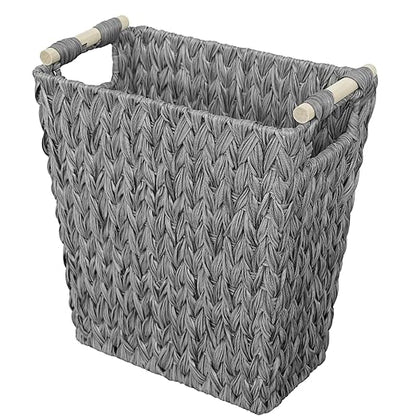 Endymion Grey Wicker Trash Can,5 Gallon Woven Waste Basket with Wood Handles,Slim Waterproof Wicker Trash Bin for Bathroom,Bedroom,Office