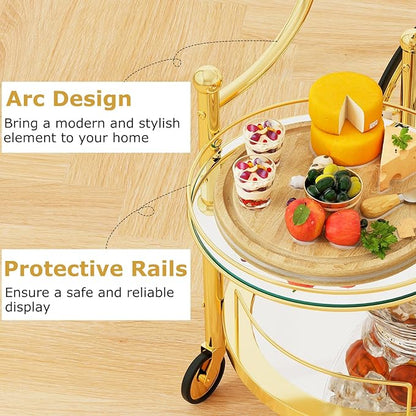 DORTALA Rolling Serving Cart, 3-Tier Metal Bar Cart with Tempered Glass, 4 Wheels Tea Serving Bar Cart for Livingroom, Kitchen, Gold