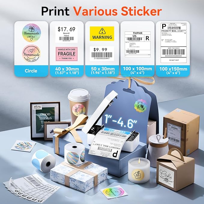 TATTMUSE Bluetooth Thermal Label Printer, 300DPI 4X6 Shipping Label Printer for Small Business, Receipt Thermal Printer Compatible with Phone, iOS, Android, Windows, Mac, Amazon, Ebay, Shopify, White