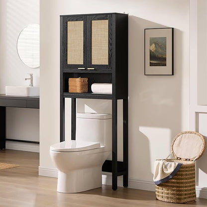 SICOTAS Over The Toilet Storage Cabinet with Rattan Door, Freestanding Bathroom Organizer with Adjustable Shelf, Space Saver Cabinet for Bathroom, Laundry Room, Restroom