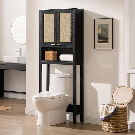 SICOTAS Over The Toilet Storage Cabinet with Rattan Door, Freestanding Bathroom Organizer with Adjustable Shelf, Space Saver Cabinet for Bathroom, Laundry Room, Restroom