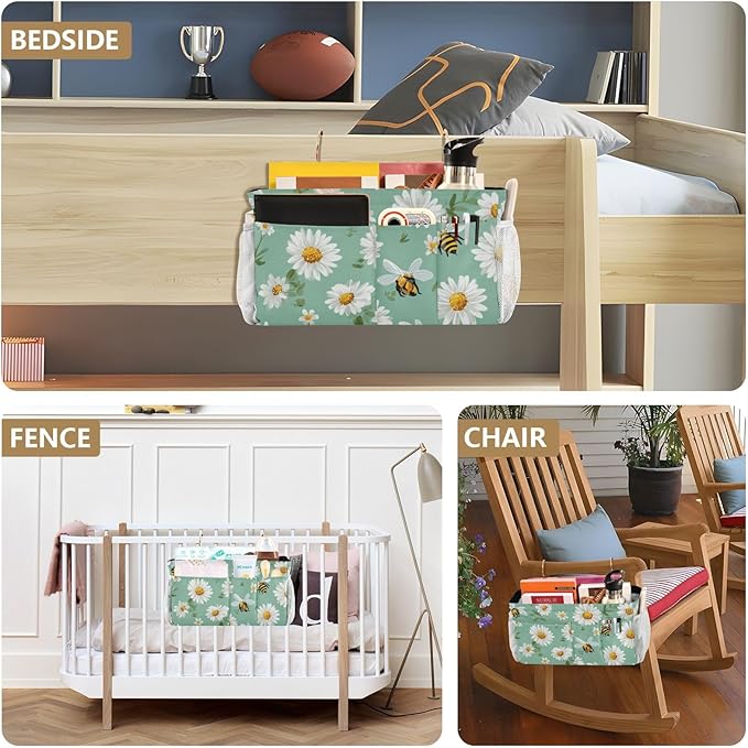 CuwrYet Bedside Caddy Hanging Bunk Bed Caddy Bed Organizer Hanging Pocket with 2 Hooks Bedside Storage Organizer Pocket Bag Holder Mint Green Daisy Flowers and Bees