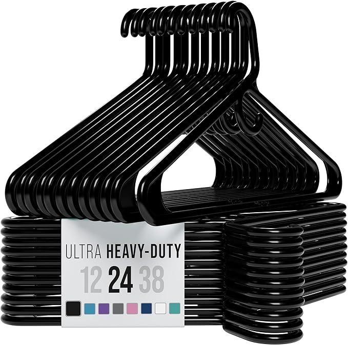 NEATERIZE Ultra Heavy Duty Plastic Clothes Hangers - Black - Durable Coat, Suit and Clothes Hanger. Perchas De Ropa (24 Pack - Black)