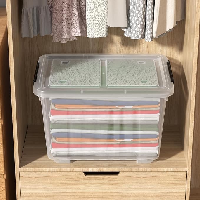 Sadstory 30 Quart Clear Latching Bin with Lid, Plastic Storage Tote Box with Wheels, 4 Packs