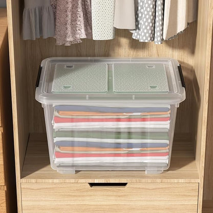Sadstory 30 Quart Clear Latching Bin with Lid, Plastic Storage Tote Box with Wheels, 4 Packs