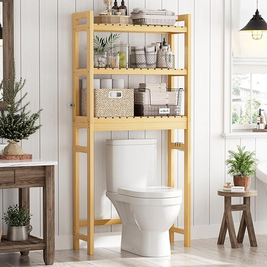 Homykic Over The Toilet Storage, 3-Tier Bamboo Bathroom Shelf with 3 Hooks, Above Toilet Organizer Rack Freestanding for Small Space, Restroom, Laundry, Easy Assembly, Natural