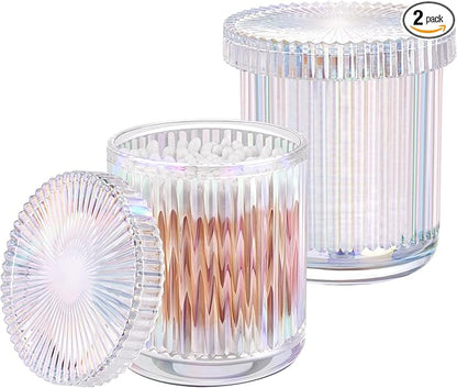 MKOSAB 2 Pack Qtip Holder - Apothecary Jars with Lids, Bathroom Organizers and Storage Canister for Cotton Balls,Swabs,Floss Picks,Hair Ties,Clear Glass Vintage Bathroom Decor Jar Set (Iridescent)