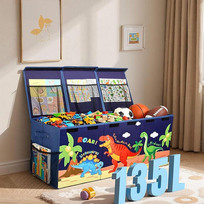 Unicorn Castle Toy Box with Adjustable Divider Toy Chest Storage Large Toy Storage Organizer Bin Collapsible with Lid Pockets for Nursery Playroom,Dark Blue Dinosaur