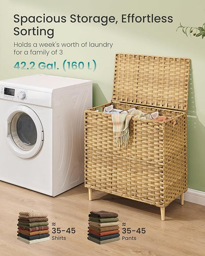 SONGMICS Laundry Hamper with Lid, PE Rattan Laundry Basket with Removable Liner, Storage Basket for Bedroom Living Room, 3-Section Sorter, 42.2 Gallons (160 L), Goose Yellow ULCB223YE01