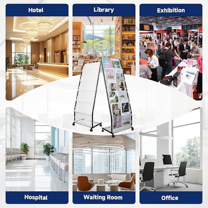 6-Tier Floor-Standing Magazine Rack with Wheels – Perfect Brochure Display Stand for Exhibitions, Offices, and Information Hubs