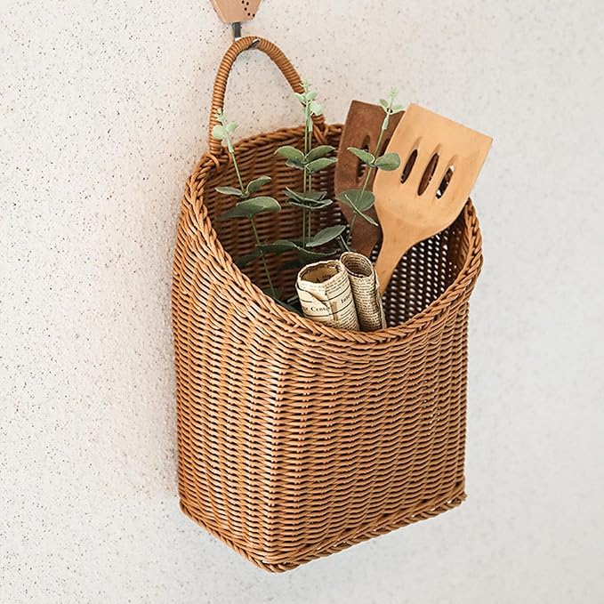 Wicker Storage Basket, Small Plastic Woven Wall Hanging Basket, for Vegetable Garlic Potato Onion Fruit Flower Storage, Hand Woven Basket for Shelves, 9.8'' x 7.9'' x 11.8''