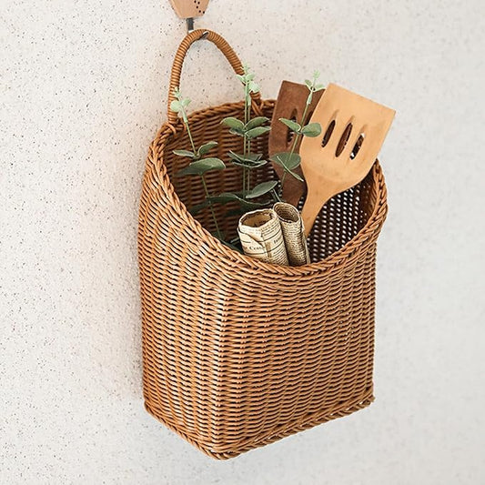Wicker Storage Basket, Small Plastic Woven Wall Hanging Basket, for Vegetable Garlic Potato Onion Fruit Flower Storage, Hand Woven Basket for Shelves, 9.8'' x 7.9'' x 11.8''