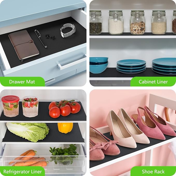 Black Shelf Liners for Kitchen Cabinets Non Adhesive Drawer Liner for Bathroom Waterproof Refrigerator Liners for Shelves Fridge Plastic Mats Cabinet Cupboard Liner 11.8 x 236.2 Inches x 2 Rolls