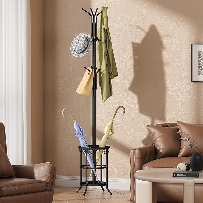 GHWIE Freestanding Coat Rack Stand with Umbrella Holder and Hat Hanger Organizer Rack