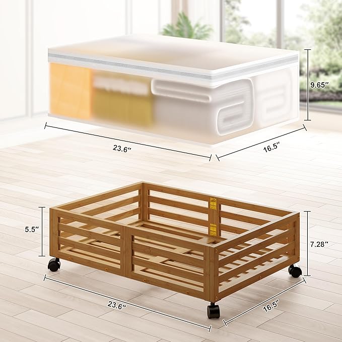 Wisuce Home Under Bed Storage Containers With Wheels - 2 Pcs Bamboo Wood Rolling Underbed Shoe Storage Bins With Dust Bags for Clothes Blankets, Duvet Covers Snacks Toys (Walnut)
