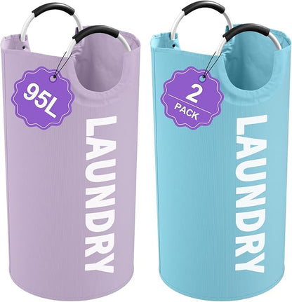 Set of 2 Collapsible Laundry Baskets with Handles, 95L Big Laundry Hampers for Bedroom, Waterproof Clothes Baskets, Independent Dirty Clothes Hamper for Travel, Nursery, Purple/Blue