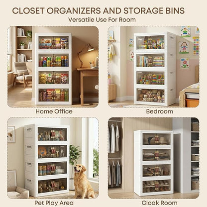 MOONEDGE 140QT Stackable Plastic Storage Bins with Lid & Handles, Foldable Collapsible Closet Organizer with Magnetic Doors and Side Locking, 4 Tier for Living Room, Office, Garages