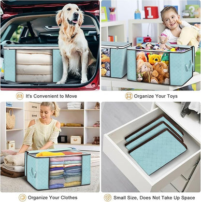 Budding Joy 90 L Large Storage Bags, 4 Pack Clothes Storage Bins Foldable Closet Organizer Storage Containers Storage and Organization for Clothes, Blanket, Comforters, Bed Sheets, Pillows (Blue)