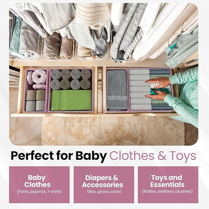 12 Pack Foldable Pink Drawer Organizers – Fabric Baby Clothes Organizer for Nursery Dresser & Closet | Pink Storage Bins, Drawer Dividers for Baby Clothes, Diapers, Socks & Toys