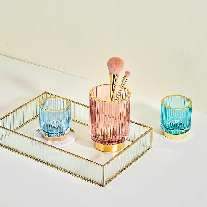 LEICURACE Makeup Brush Organizer, Toothbrush Holder, Desk Pen Pencil Holder, Multifunctional Vintage Glass Brush Cup (S/Blue/A3-13-US)