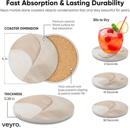 VEYRO Ceramic Coasters Set of 6 – Absorbent Stone Drink Coasters with Holder, Non-Slip Cork Backing, Modern Marble Look Coasters for Coffee Table, Desk & Home Decor