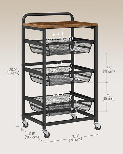 VASAGLE Storage Cart with Pull-Out Baskets, 4-Tier Kitchen Cart with Wheels, Handle, 12.5 x 15.8 x 29.9 Inches, Rustic Brown and Ink Black ULRC040K01