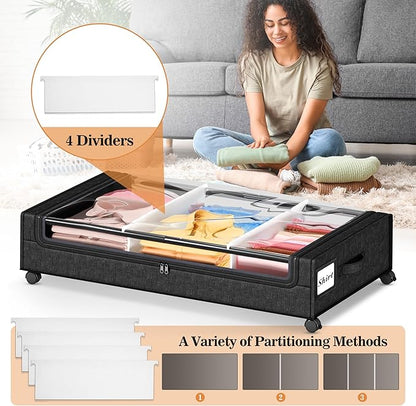 Gientan 2 Pack Under Bed Storage with 4 Dividers, Large Under Bed Storage Containers with Wheels for Clothes, Shoes, XXL Rolling Underbed Storage Organizer Bins with Clear Lids and Handles