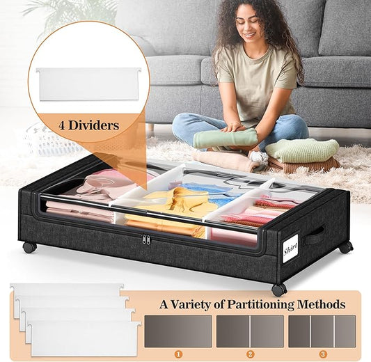 Gientan 2 Pack Under Bed Storage with 4 Dividers, Large Under Bed Storage Containers with Wheels for Clothes, Shoes, XXL Rolling Underbed Storage Organizer Bins with Clear Lids and Handles